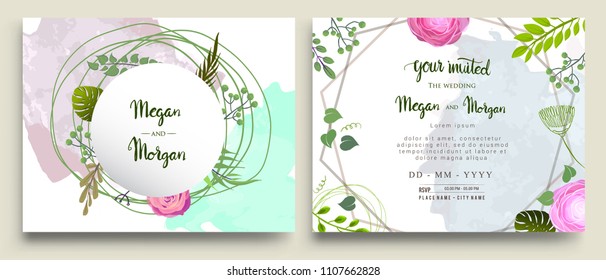 Wedding Invitation, Invitation card with floral and green tropical leaves, modern card Design, decorative wreath & frame pattern. Vector elegant watercolor template