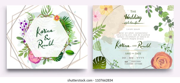 Wedding Invitation, Invitation card with floral and green tropical leaves, modern card Design, decorative wreath & frame pattern. Vector elegant watercolor template