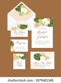 Wedding invitation card with floral and leaves decoration