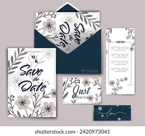 Wedding invitation card with floral and leaves decoration