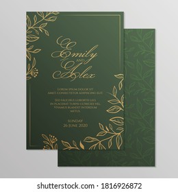 Wedding invitation card with floral ornament. Botanical gold ornament. Vector illustration.