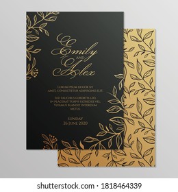 Wedding invitation card with floral ornament. Botanical gold ornament. Vector illustration.