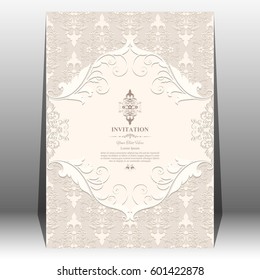 Wedding Invitation card with floral pattern on Ivory color background ,Contemporary vintage art, frame,motifs, elements. Vector decorative retro greeting card or invitation design.