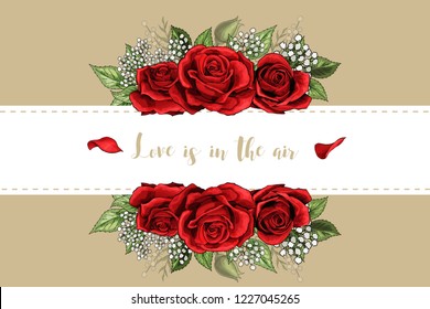 Wedding invitation card floral red roses bouquet and golden lettering vector template. Perfect for invitations, greeting cards, quotes, blogs