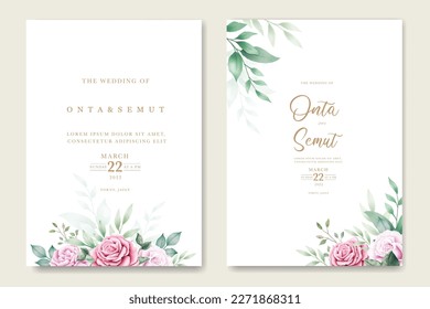 wedding invitation card with floral rose watercolor