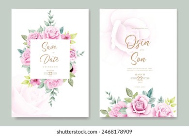wedding invitation card with floral rose watercolor