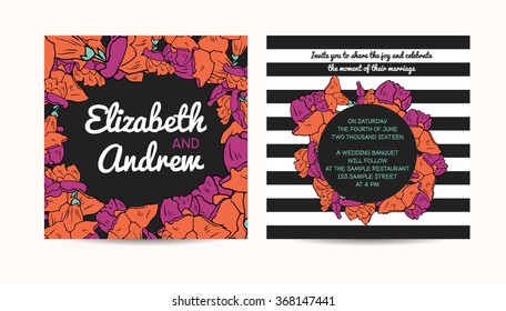 Wedding invitation card with floral and striped background