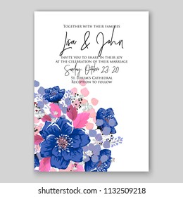 Wedding invitation card flower blue peony anemone text wording template Marriage ceremony ornament Floral poster Vector greeting card, bridal shower invitation design baby shower invite background