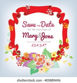 Wedding invitation card. Flower border and ribbons.