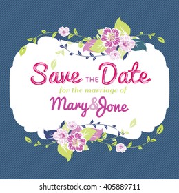 Wedding invitation card. Flower border and ribbons.