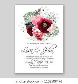 Wedding invitation card flower burgundy peony text wording template Marriage ceremony  Floral poster Vector decorative greeting card, bridal shower invitation design baby shower invite background