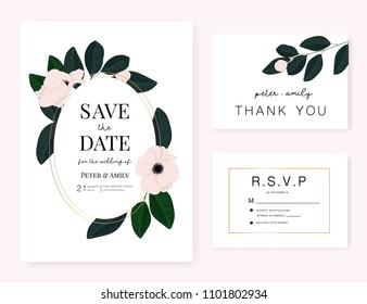 wedding invitation card with flower and dark green leaf template bundle sample text.