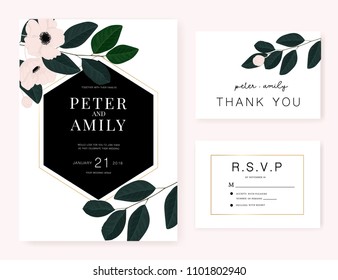 wedding invitation card with flower and dark green leaf template bundle sample text.