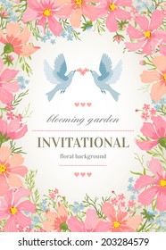 Wedding invitation card with flower frame around and birds. Flower frame. Pink romantic background. Vector illustration.