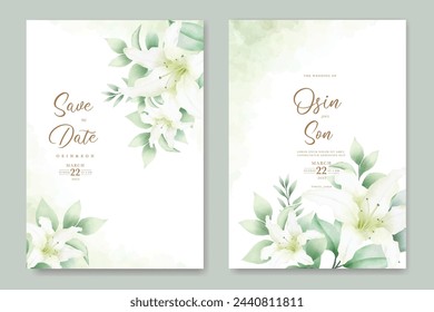 wedding invitation card with flower lily watercolor