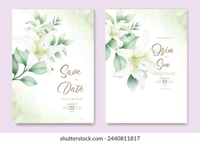 wedding invitation card with flower lily watercolor