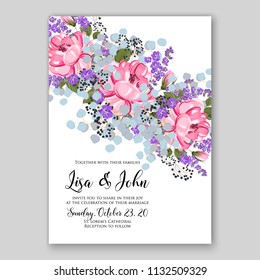 Wedding invitation card flower pink peony lavander wording template Marriage  ornament Floral poster Vector decorative greeting card, bridal shower invitation design baby shower invite background