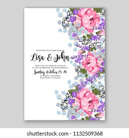 Wedding invitation card flower pink peony lavander wording template Marriage  ornament Floral poster Vector decorative greeting card, bridal shower invitation design baby shower invite background