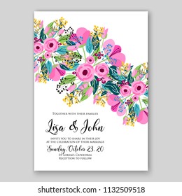 Wedding invitation card flower pink rose text wording template Marriage ceremony ornament Floral poster Vector decorative greeting card, bridal shower invitation design baby shower invite background