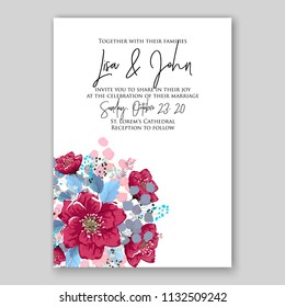 Wedding invitation card flower red peony dahlia rose text wording template Marriage ceremony ornament Floral poster Vector greeting card, bridal shower invitation design baby shower invite background