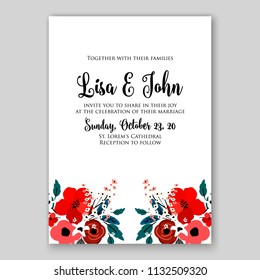 Wedding invitation card flower red rose text wording template Marriage ceremony ornament Floral poster Vector decorative greeting card, bridal shower invitation design baby shower invite background