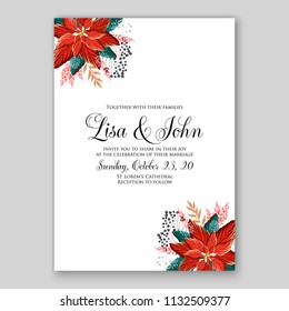 Wedding invitation card flower red poinsetia wording template Marriage ceremony ornament Floral poster Vector decorative greeting card, bridal shower invitation design baby shower invite background