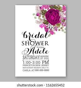 Wedding invitation card with flowering magenta violet roses, pink peony ranunculus greenery flowers and leaves. Floral border pattern. Elegant vertical printable card template. Vector illustration