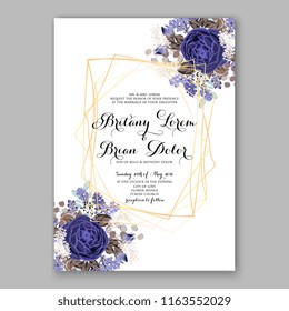Wedding invitation card with flowering 
navy blue roses, red peony ranunculus greenery flowers and leaves. Floral border pattern. Elegant vertical printable card template. Vector illustration