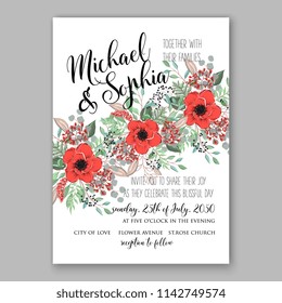 Wedding invitation card with flowering red poppy roses, white anemone greenery flowers and leaves. Floral border pattern. Elegant vertical printable card template. Vector illustration.