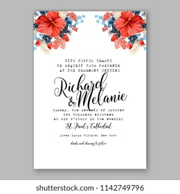 Wedding invitation card with flowering  red hibiscus greenery flowers and leaves. Floral border pattern. Elegant vertical printable card template. Vector illustration.