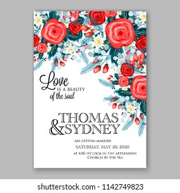 Wedding invitation card with flowering 
red roses anemone fir greenery flowers and leaves. Floral border pattern. Elegant vertical printable card template. Vector illustration.