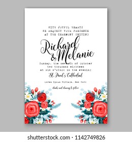 Wedding invitation card with flowering 
red roses anemone fir greenery flowers and leaves. Floral border pattern. Elegant vertical printable card template. Vector illustration.