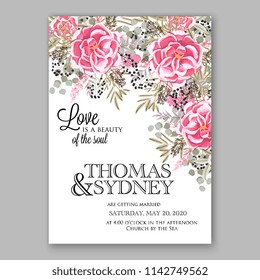 Wedding invitation card with flowering roses, plants, pink peony anemone greenery flowers and leaves. Floral border pattern. Elegant vertical printable card template. Vector illustration.