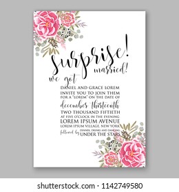 Wedding invitation card with flowering roses, plants, pink peony anemone greenery flowers and leaves. Floral border pattern. Elegant vertical printable card template. Vector illustration.