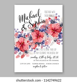 Wedding invitation card with flowering roses, plants, red hibiscus greenery flowers and leaves. Floral border pattern. Elegant vertical printable card template. Vector illustration.