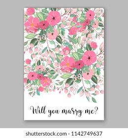 Wedding invitation card with flowering roses, plants, pink peony anemone greenery flowers and leaves. Floral border pattern. Elegant vertical printable card template. Vector illustration.