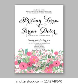 Wedding invitation card with flowering roses, plants, pink peony anemone greenery flowers and leaves. Floral border pattern. Elegant vertical printable card template. Vector illustration.