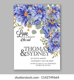 Wedding invitation card with flowering roses, plants, blue soft chrysanthemum greenery flowers and leaves. Floral border pattern. Elegant vertical printable card template. Vector illustration.
