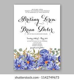 Wedding invitation card with flowering roses, plants, blue soft chrysanthemum greenery flowers and leaves. Floral border pattern. Elegant vertical printable card template. Vector illustration.