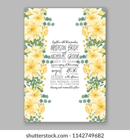 Wedding invitation card with flowering roses, plants, yellow chrysanthemum anemone greenery flowers and leaves. Floral border pattern. Elegant vertical printable card template. Vector illustration.