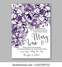Wedding invitation card with flowering roses, plants, white anemone greenery flowers and leaves. Floral border pattern. Elegant vertical printable card template. Vector illustration.