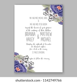 Wedding invitation card with flowering roses, blue peony ranunculus anemone greenery flowers and leaves. Floral border pattern. Elegant vertical printable card template. Vector illustration.