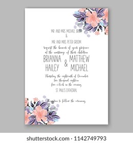 Wedding invitation card with flowering roses, plants, white anemone greenery flowers and leaves. Floral border pattern. Elegant vertical printable card template. Vector illustration.