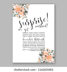 Wedding invitation card with flowering roses, peach peony ranunculus greenery flowers and leaves. Floral border pattern. Elegant vertical printable card template. Vector illustration