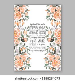 Wedding invitation card with flowering roses, peach peony ranunculus greenery flowers and leaves. Floral border pattern. Elegant vertical printable card template. Vector illustration