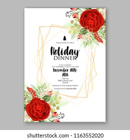 Wedding invitation card with flowering scarler roses, red peony ranunculus greenery flowers and leaves. Floral border pattern. Elegant vertical printable card template. Vector illustration