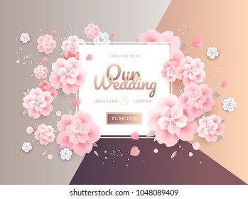 Wedding invitation card flowers background template vector