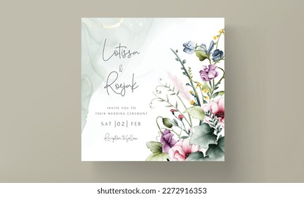 wedding invitation card with flowers and leaves watercolor