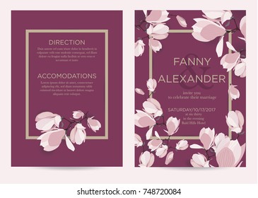 Wedding invitation card with flowers of magnolia. Invitation template with places for text  Vector illustration.