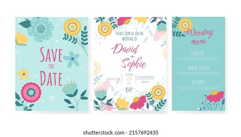 Wedding Invitation card with flowers, save the date, thank you, rsvp template. Vector. Doodle style.